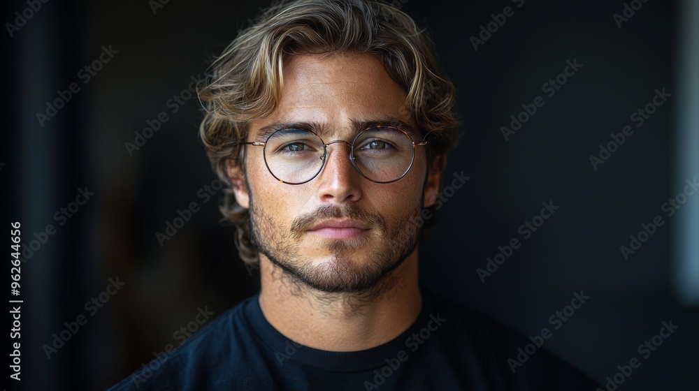 Obraz premium Young man with glasses looking thoughtfully at the camera in a dimly lit indoor setting during daylight