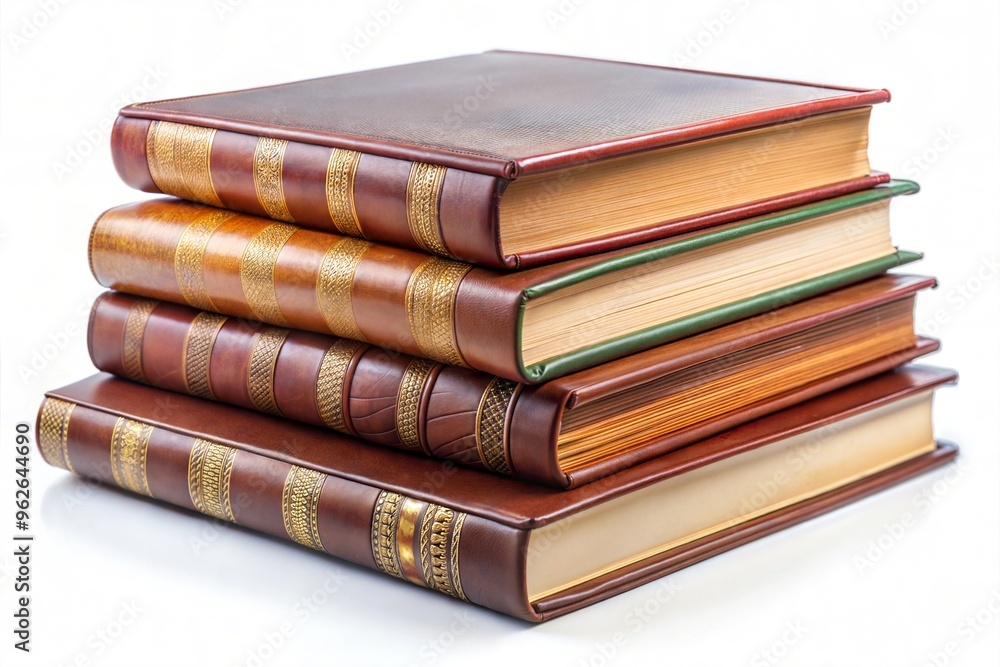 Stack of classic leather-bound books with ornate detailing on white background Stack of classic leather-bound books with ornate detailing on white background