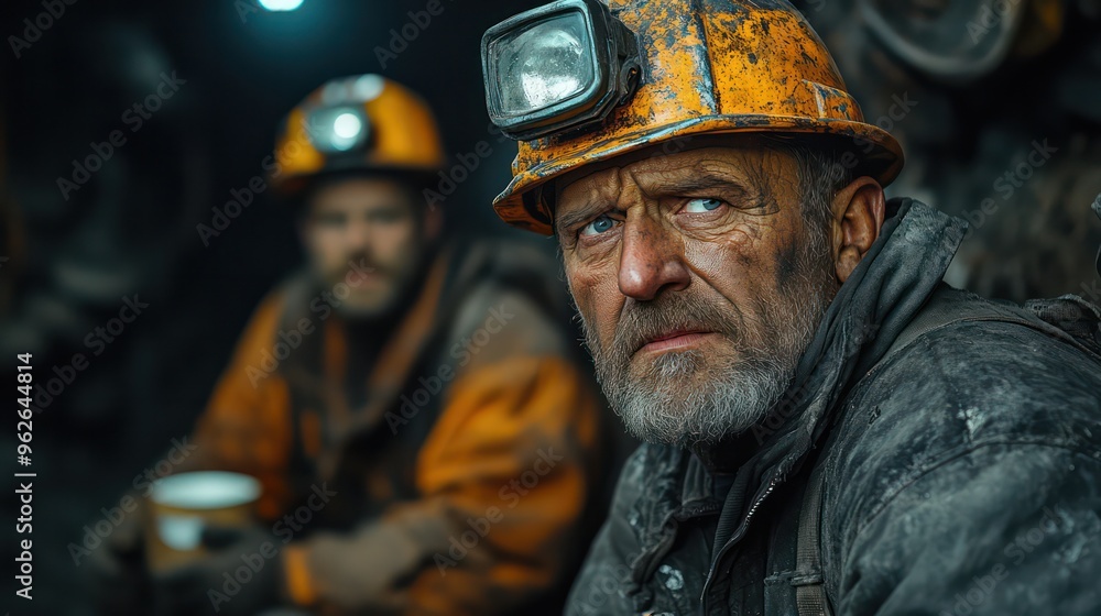 Miners during a shift change, sharing stories and coffee, one miner telling a funny tale with dramatic gestures, underground setting, Miners during a shift change, sharing stories and coffee, one miner telling a funny tale with dramatic gestures, underground setting,