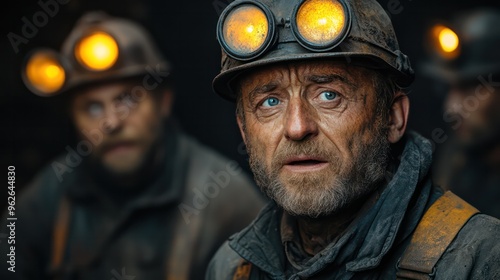 Miners during a shift change, sharing stories and coffee, one miner telling a funny tale with dramatic gestures, underground setting, photo