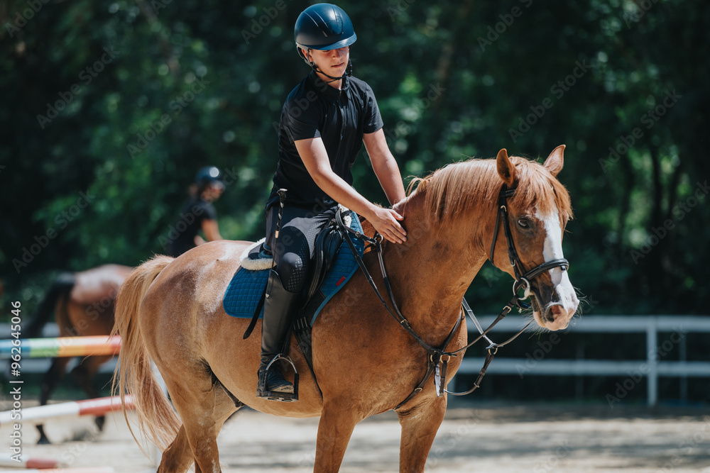 Young equestrian riding a horse during a practice session outdoors. The rider is wearing protective gear and the horse is well-groomed. Young equestrian riding a horse during a practice session outdoors. The rider is wearing protective gear and the horse is well-groomed.