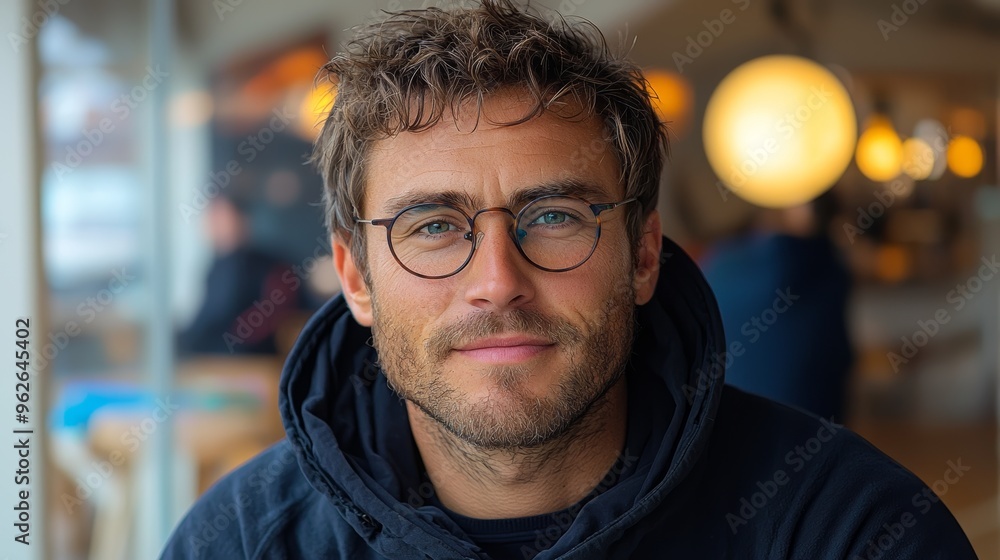 Obraz premium Young man with glasses smiles warmly in a cozy café setting during the day, capturing a moment of calm and connection