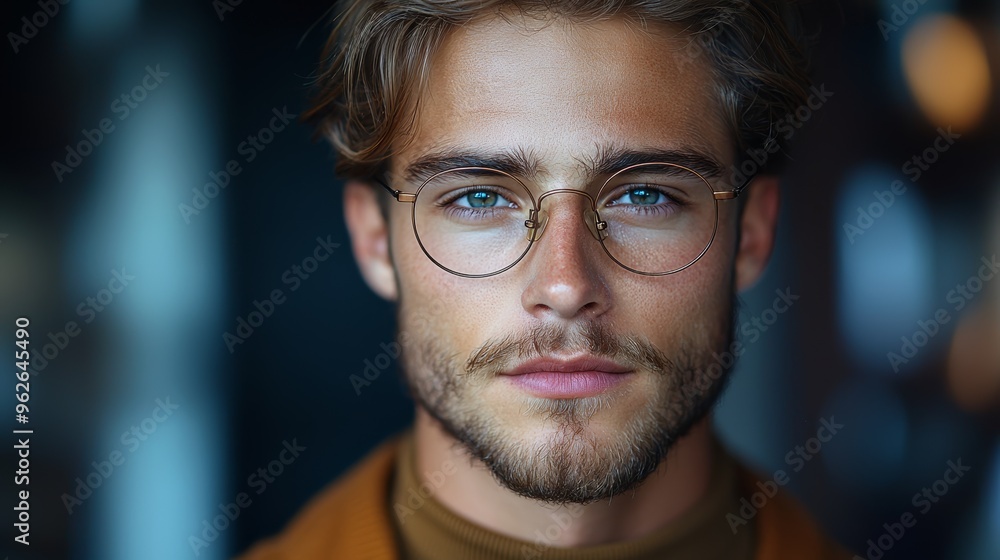A young man with glasses gazes thoughtfully at the camera in a softly lit indoor setting during evening hours A young man with glasses gazes thoughtfully at the camera in a softly lit indoor setting during evening hours