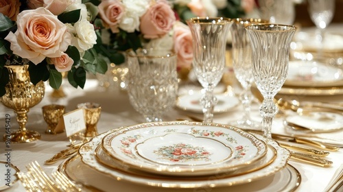 Luxurious dining table setup with fine china, crystal glasses, gold cutlery, and a centerpiece of fresh roses