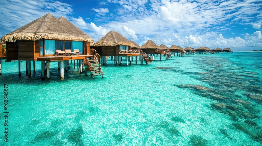 Luxurious resort with overwater bungalows, turquoise waters, and a clear sky in a tropical paradise Luxurious resort with overwater bungalows, turquoise waters, and a clear sky in a tropical paradise