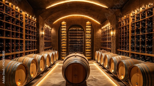 Luxurious private wine cellar with oak barrels, vintage wine bottles, and ambient lighting photo