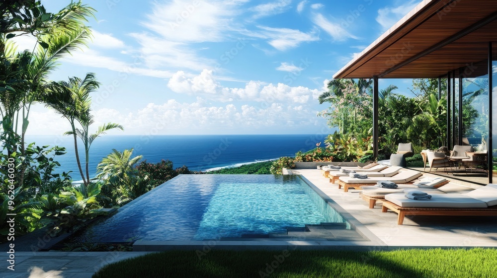 Fototapeta premium Luxurious tropical villa with a private pool, sunbeds, and lush greenery, overlooking a serene ocean view