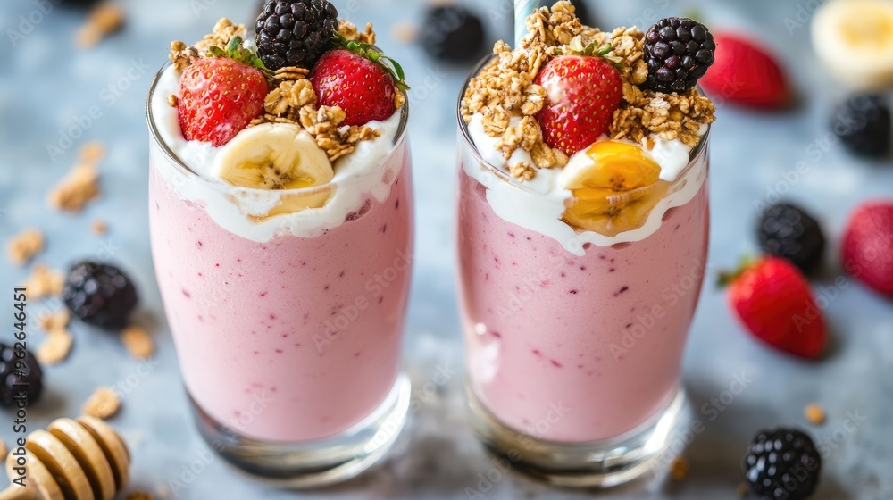 Two glasses of creamy strawberry banana smoothies with yogurt, topped with fresh berries, granola, and honey drizzle Two glasses of creamy strawberry banana smoothies with yogurt, topped with fresh berries, granola, and honey drizzle