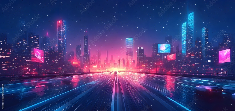 A vibrant city bathed in neon lights showcases towering skyscrapers and holographic projections, creating a bustling, futuristic atmosphere that invites exploration. Futuristic Urban Landscape A vibrant city bathed in neon lights showcases towering skyscrapers and holographic projections, creating a bustling, futuristic atmosphere that invites exploration. Futuristic Urban Landscape