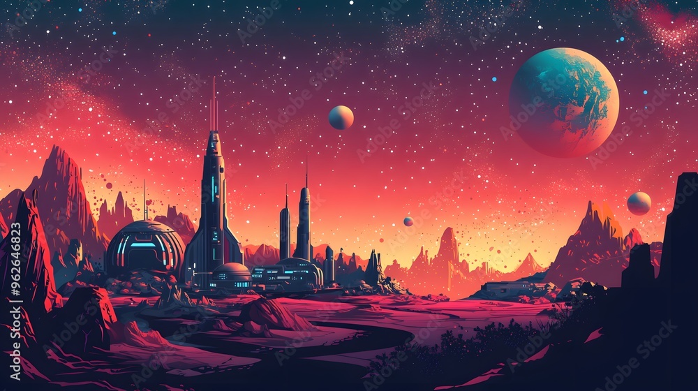 Fototapeta premium This stunning image showcases a futuristic space colony filled with skyscrapers and domes against a cosmic sky. Futuristic Urban Landscape
