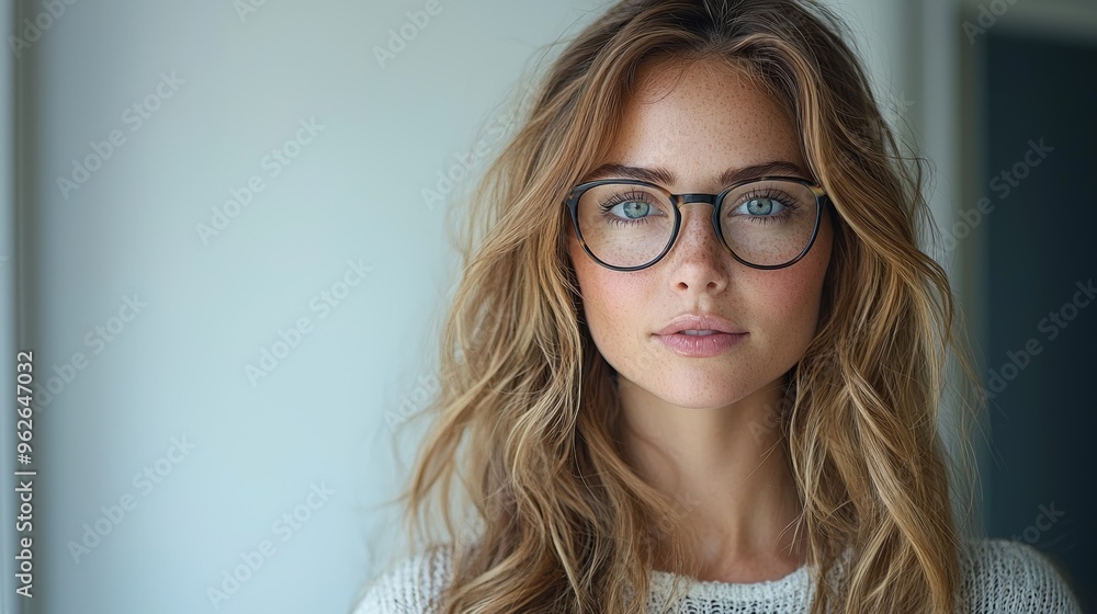 A young woman with long hair and glasses poses thoughtfully in a modern indoor setting during daylight A young woman with long hair and glasses poses thoughtfully in a modern indoor setting during daylight