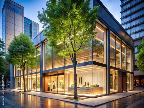 Modern retail storefront with sleek glass facade, minimalist signage, and warm LED lighting, surrounded by bustling city streets and mature trees.