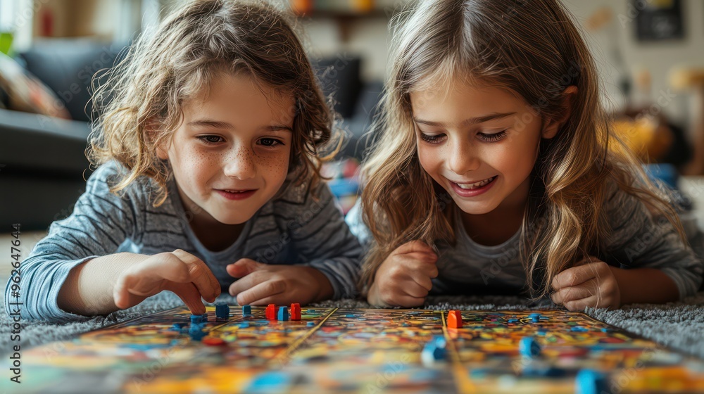 Siblings playing a board game on the floor of their living room, one sibling looking mischievous, the other mockingly frustrated, colorful and cluttered space, Siblings playing a board game on the floor of their living room, one sibling looking mischievous, the other mockingly frustrated, colorful and cluttered space,