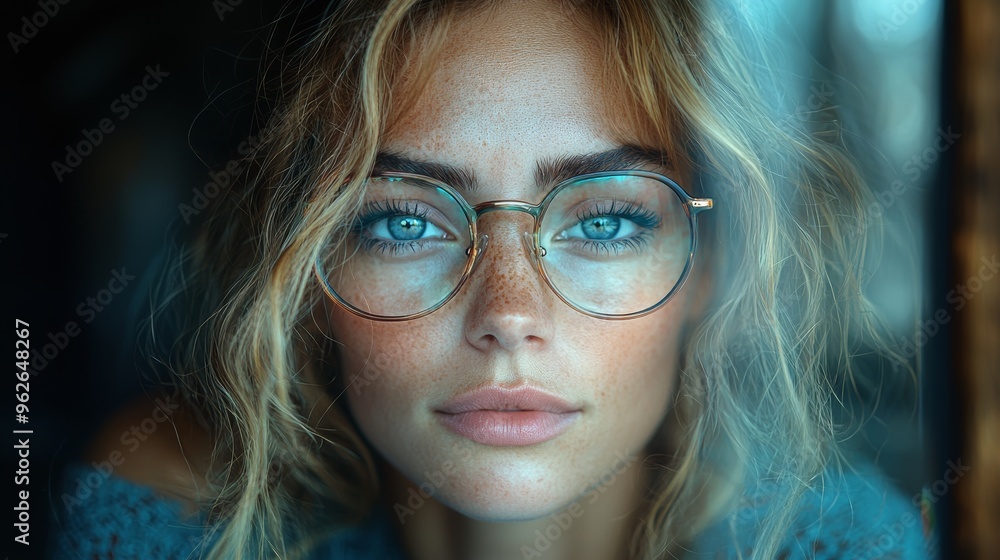 A young woman with blue eyes and tousled hair gazes thoughtfully through a window in soft, natural light during the early evening A young woman with blue eyes and tousled hair gazes thoughtfully through a window in soft, natural light during the early evening