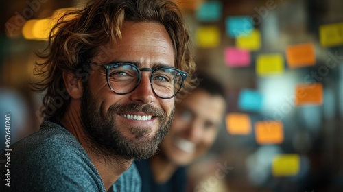 Startup team brainstorming in a casual office space, one person sketching an idea while others laugh and discuss, colorful sticky notes on the walls,