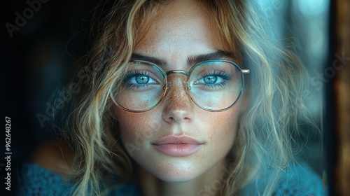 A young woman with blue eyes and tousled hair gazes thoughtfully through a window in soft, natural light during the early evening