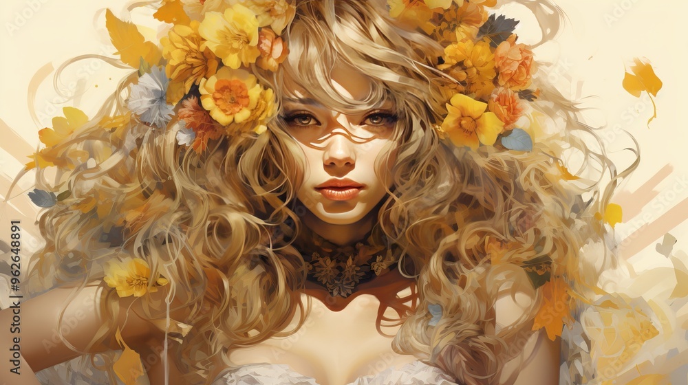 Portrait of a Beautiful Blond Woman with Flowers in Her Hair, Romantic Beauty and Nature Concept