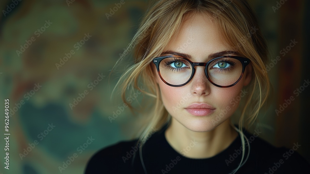 A young woman with striking blue eyes and blonde hair poses while wearing glasses in a softly lit room with a blurred background A young woman with striking blue eyes and blonde hair poses while wearing glasses in a softly lit room with a blurred background