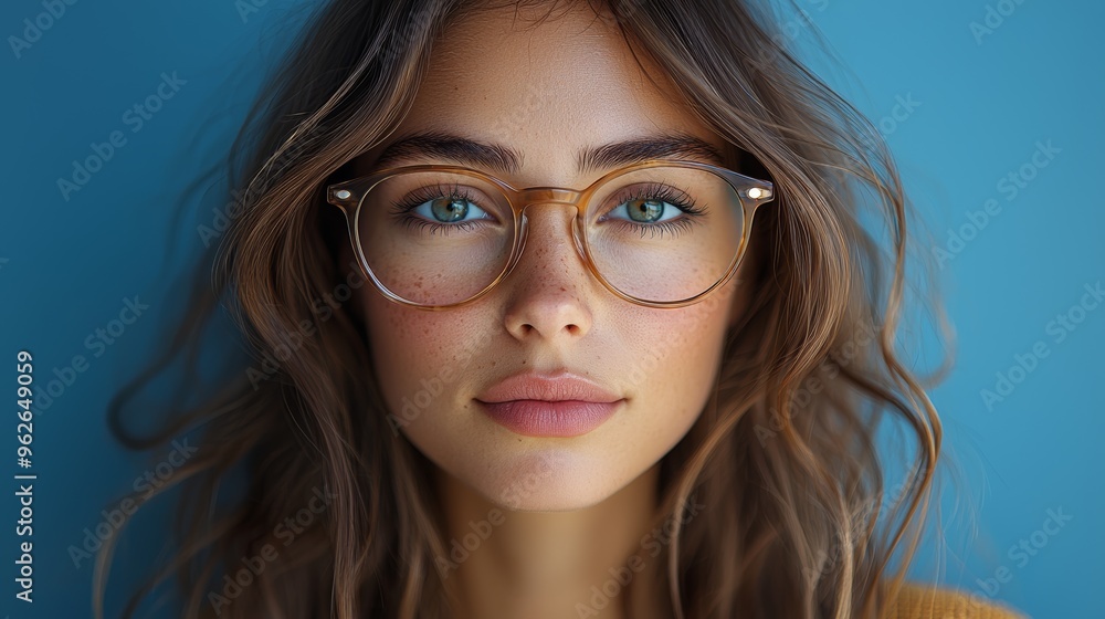 Young woman with glasses poses against a vibrant blue background, showcasing natural beauty and confidence in bright lighting Young woman with glasses poses against a vibrant blue background, showcasing natural beauty and confidence in bright lighting