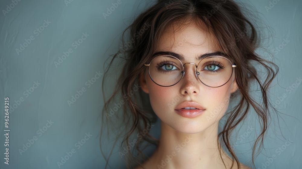 Young woman with glasses poses with a neutral expression against a textured gray wall in soft lighting capturing a serene moment Young woman with glasses poses with a neutral expression against a textured gray wall in soft lighting capturing a serene moment