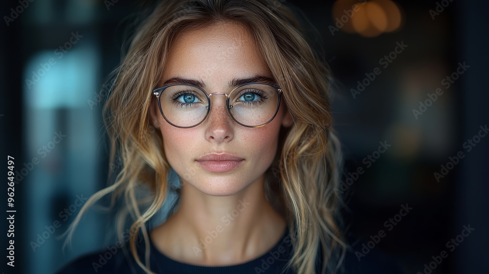 Young woman with glasses posing confidently indoors on a bright day with soft lighting and a casual outfit Young woman with glasses posing confidently indoors on a bright day with soft lighting and a casual outfit