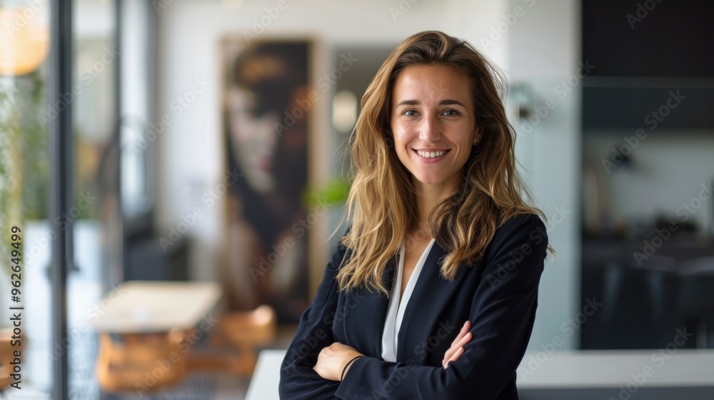 Portrait of a Modern Businesswoman Standing in Her Office, Confident Professional Woman Smiling at the Camera in a Contemporary Workspace Portrait of a Modern Businesswoman Standing in Her Office, Confident Professional Woman Smiling at the Camera in a Contemporary Workspace