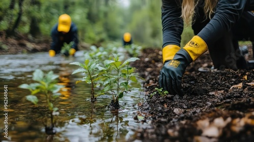 Volunteers planting trees along a riverbank to prevent erosion and create habitats, clear water flowing, teamwork and conservation,