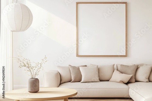 Modern Interior Design: Blank White Poster Frame in a Three-Dimensional Living Room, Ideal for a Home or Office Background white mockup blank poster frame.