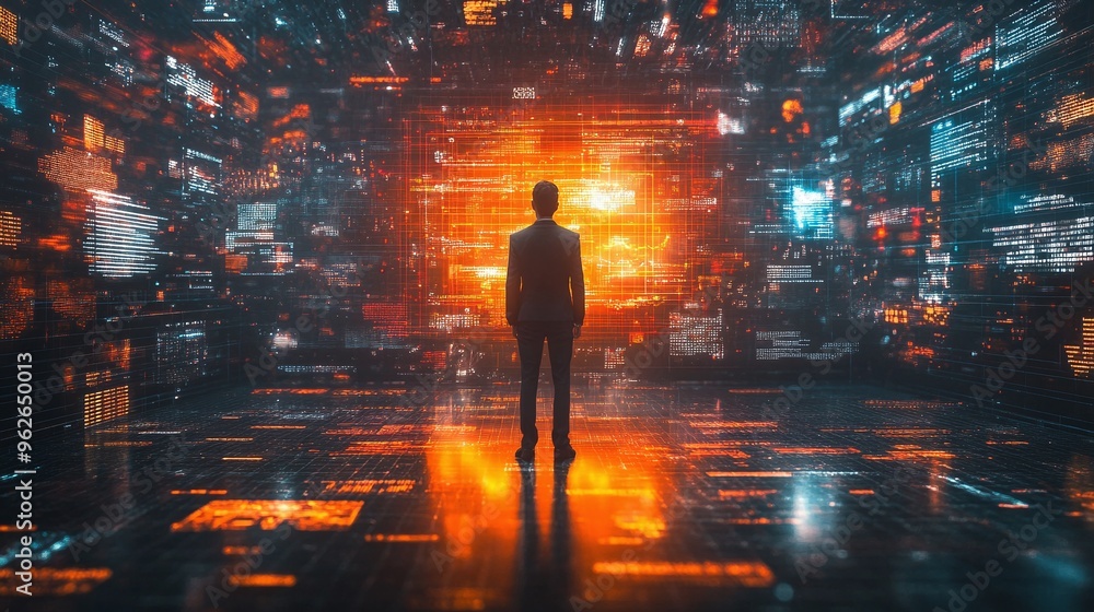 business professional standing in front of virtual screen with futuristic data and technology information projection in a digital graphic background business professional standing in front of virtual screen with futuristic data and technology information projection in a digital graphic background