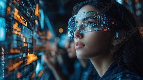 A team of business professionals in a meeting, discussing marketing automation strategies using holographic data.
