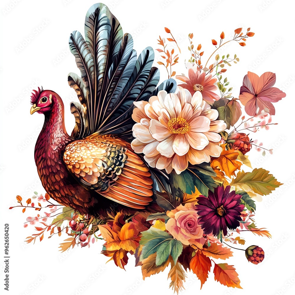 Fototapeta premium A floral arrangement with a Thanksgiving turkey centerpiece clipart, lush and festive, rich colors, digital painting, isolated on white background