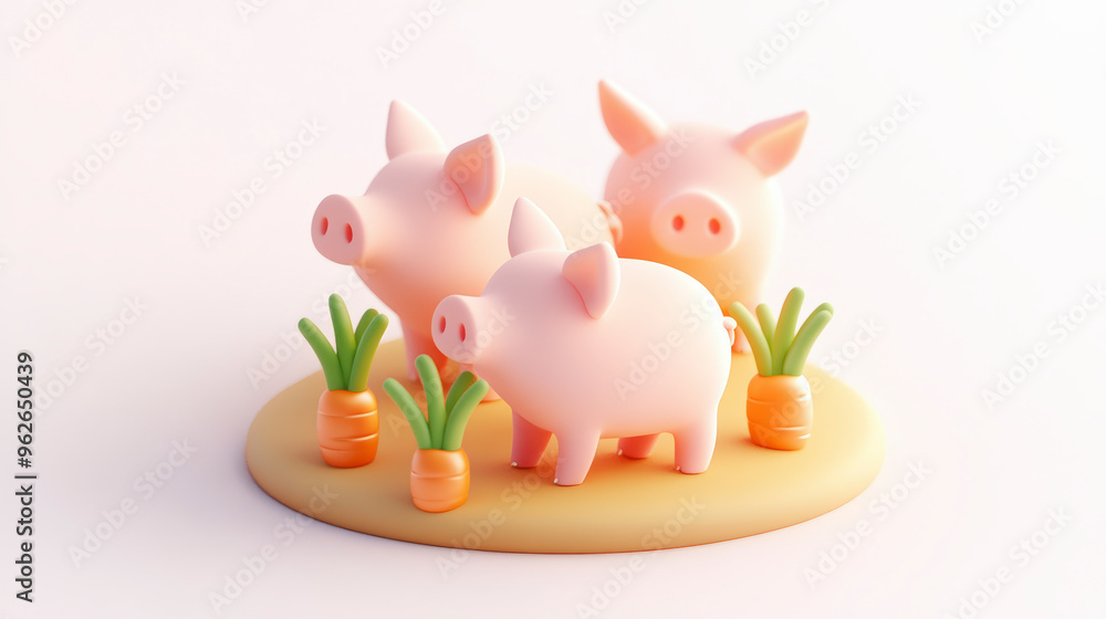 Three adorable piglets stand among carrots on a small patch of land, depicted in a smooth and pastel-colored 3D illustration. Three adorable piglets stand among carrots on a small patch of land, depicted in a smooth and pastel-colored 3D illustration.