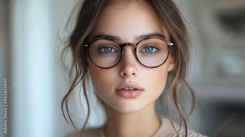 Beautiful young woman with glasses poses with a soft expression in a cozy indoor setting during daylight Beautiful young woman with glasses poses with a soft expression in a cozy indoor setting during daylight
