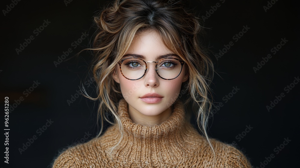 Young woman wearing glasses and a cozy sweater poses against a dark background in a soft lighting atmosphere Young woman wearing glasses and a cozy sweater poses against a dark background in a soft lighting atmosphere