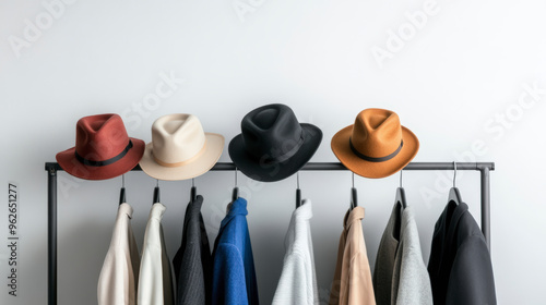 Stylish hats and assorted clothing hanging on a minimalistic black rack against a clean white background, showcasing an elegant and organized wardrobe display.