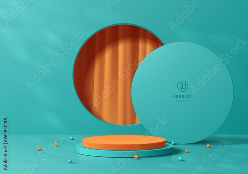 3D green round podium background with orange curtain in circle window. Abstract composition minimalist design. 3D Studio display showroom cosmetic product pedestal, Fashion stage showcase mockup scene