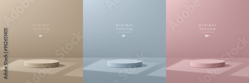 Set of beige, blue and pink podium background with window lighting on floor. Abstract composition in minimalist design.3D Studio display showroom product pedestal, Fashion stage showcase mockup scene.