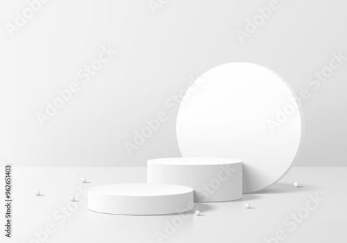 3D white round podium background with ball beads, Circle backdrop. Abstract geometric composition in minimalist design. Studio display showroom product pedestal, Fashion stage showcase mockup scene.