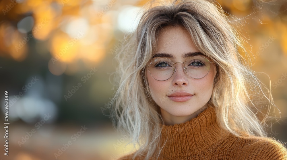 A young woman with glasses enjoys a sunny autumn day surrounded by vibrant fall foliage in a peaceful outdoor setting A young woman with glasses enjoys a sunny autumn day surrounded by vibrant fall foliage in a peaceful outdoor setting