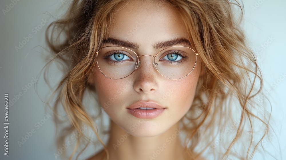 A young woman with curly hair and glasses gazes confidently at the camera in a bright, minimalistic setting A young woman with curly hair and glasses gazes confidently at the camera in a bright, minimalistic setting