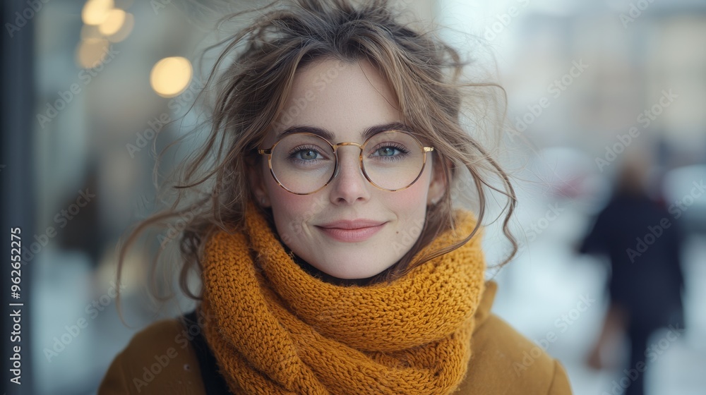 Cheerful young woman wearing glasses and a cozy scarf in a winter city setting with blurred pedestrians