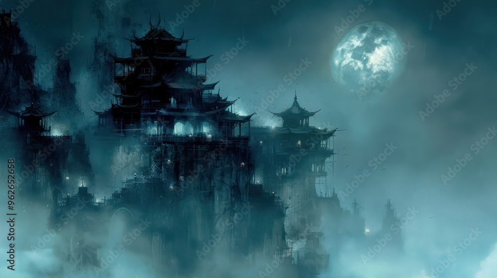 A haunting, mist-covered ancient cityscape under a full moon, evoking mystery and fantasy. A haunting, mist-covered ancient cityscape under a full moon, evoking mystery and fantasy.