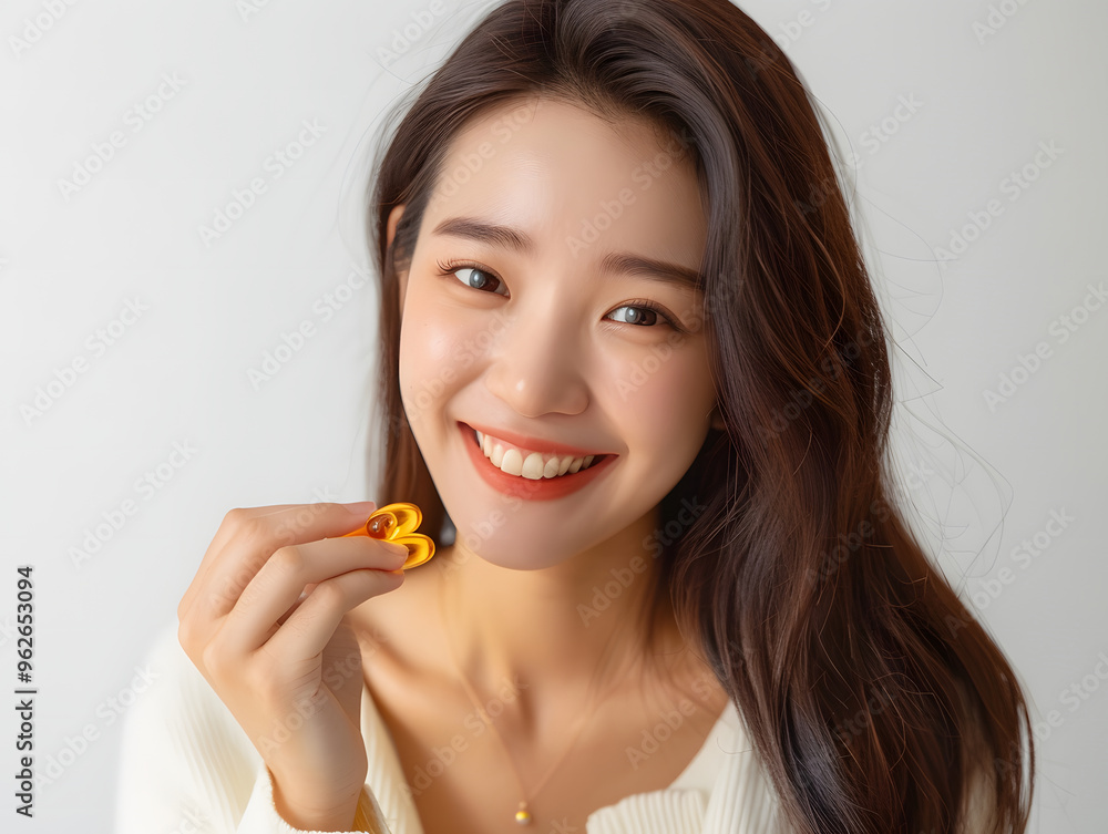 Asian smiling woman holding and showing two small yellow softgels Asian smiling woman holding and showing two small yellow softgels