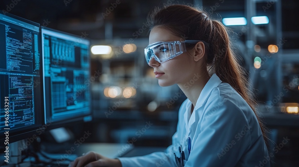female engineer coding and analyzing data for control systems in robotic machinery manufacturing focused on industrial innovation and automation female engineer coding and analyzing data for control systems in robotic machinery manufacturing focused on industrial innovation and automation