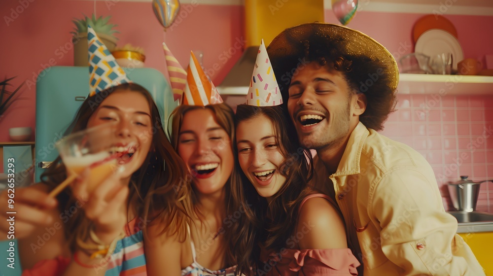 A group of friends in a kitchen with pink and amber walls, celebrating with paper party hats, commercial imagery, 35mm A group of friends in a kitchen with pink and amber walls, celebrating with paper party hats, commercial imagery, 35mm