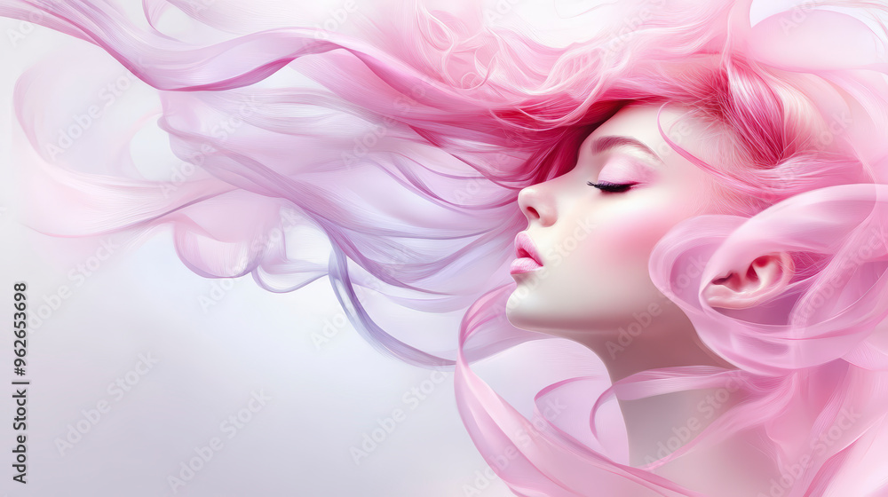 A serene woman with flowing, ethereal pink hair and closed eyes represents tranquility and beauty in a dreamy, pastel-colored setting. A serene woman with flowing, ethereal pink hair and closed eyes represents tranquility and beauty in a dreamy, pastel-colored setting.