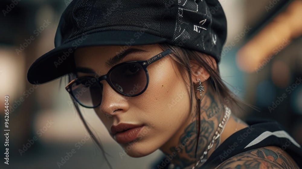 A young girl with a tattoo wearing a cap and sunglasses on the street A young girl with a tattoo wearing a cap and sunglasses on the street