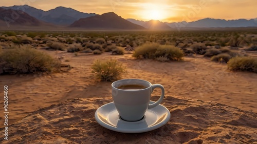 A white ceramic coffee cup sits on a saucer, placed on a rocky surface in the middle of a desert. The sun sets behind distant mountain ranges, generetive ai photo