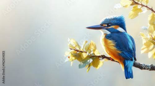 A vibrant blue and yellow kingfisher perches gracefully on a branch with yellow leaves, set against a softly lit background. photo