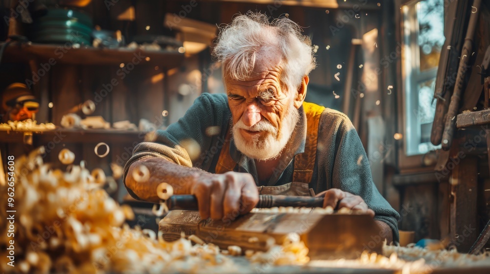 Focused Senior Carpenter Craftsman Precisely Planes Wood in Traditional Rustic Workshop Focused Senior Carpenter Craftsman Precisely Planes Wood in Traditional Rustic Workshop